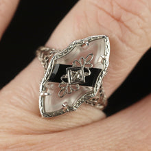 Load image into Gallery viewer, Vintage ring with onyx and rock crystal in 14k white gold filigree from Manor Jewels.