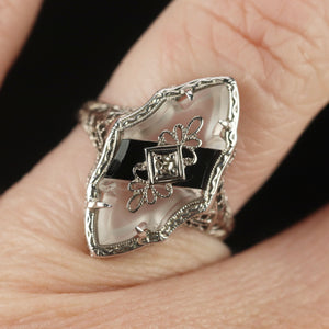 Vintage ring with onyx and rock crystal in 14k white gold filigree from Manor Jewels.