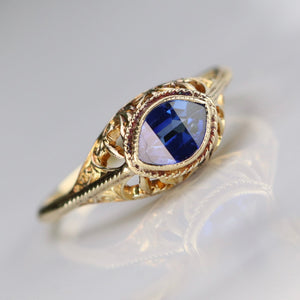 Vintage marquise cut lab grown blue sapphire ring in yellow gold