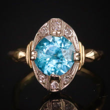 Load image into Gallery viewer, Vintage ring with blue zircon and diamonds in yellow and white gold