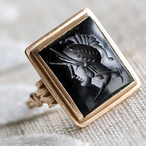 Vintage 1938 14k yellow gold onyx intaglio ring