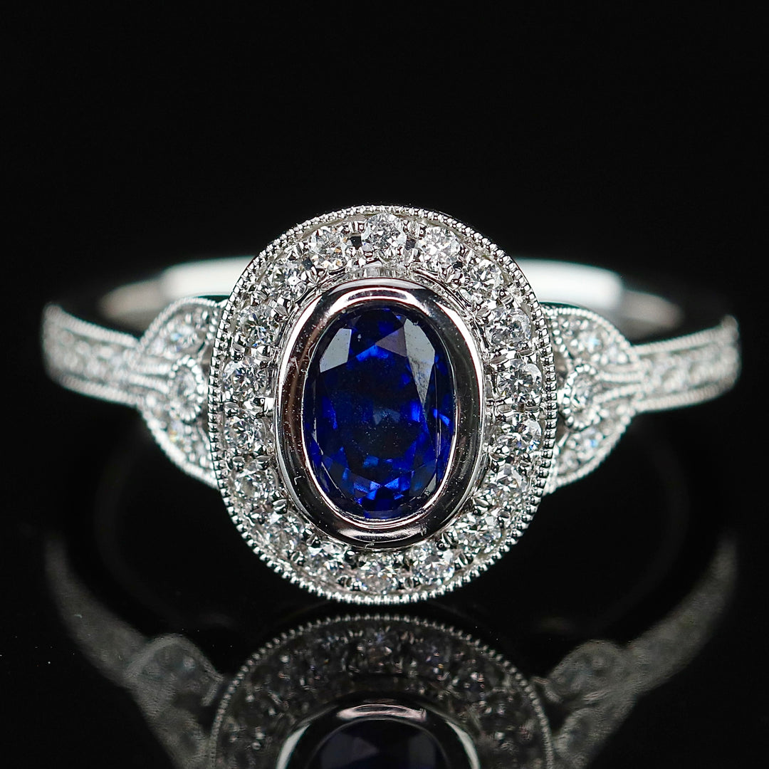 Sapphire and diamond ring in 14k white gold