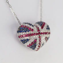 Load image into Gallery viewer, Union Jack heart sapphire, ruby &amp; Diamond necklace in 18k white gold