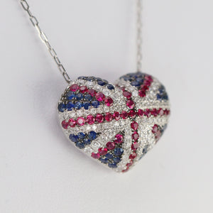 Union Jack heart sapphire, ruby & Diamond necklace in 18k white gold