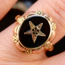 Load image into Gallery viewer, Vintage onyx ring with eastern star motif in tri color gold from Manor Jewels.