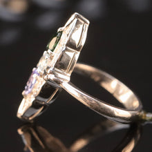 Load image into Gallery viewer, Estate platinum navette ring with diamonds, aquamarine, tanzanite, and tourmaline in platinum from Manor Jewels