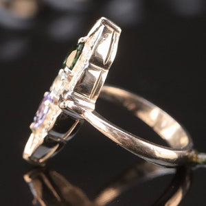 Estate platinum navette ring with diamonds, aquamarine, tanzanite, and tourmaline in platinum from Manor Jewels