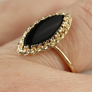 Vintage onyx navette ring in yellow gold