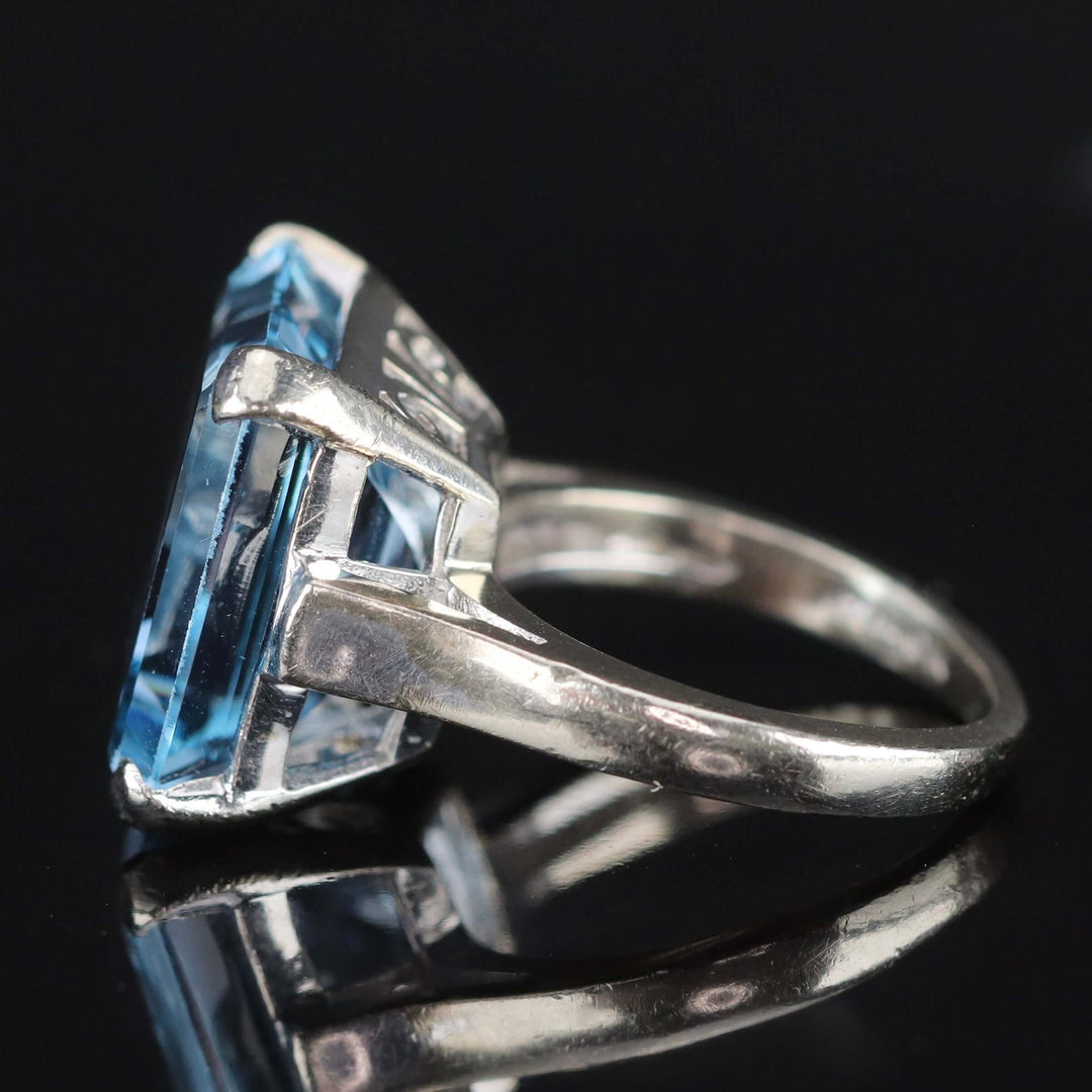 Large vintage blue lab grown spinel in white gold ring