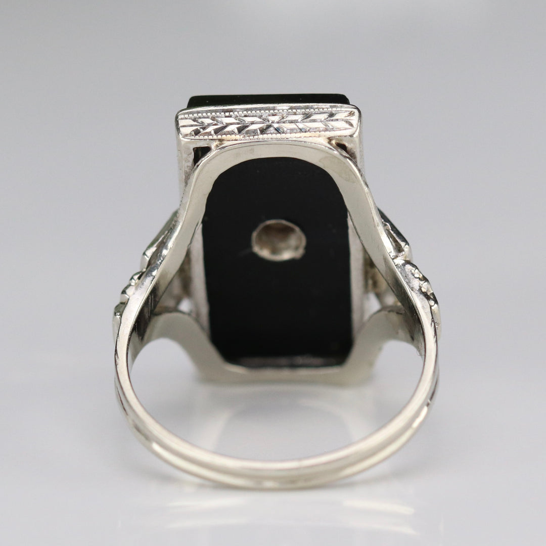 Art Deco oblong onyx and diamond vintage ring in 14k white gold