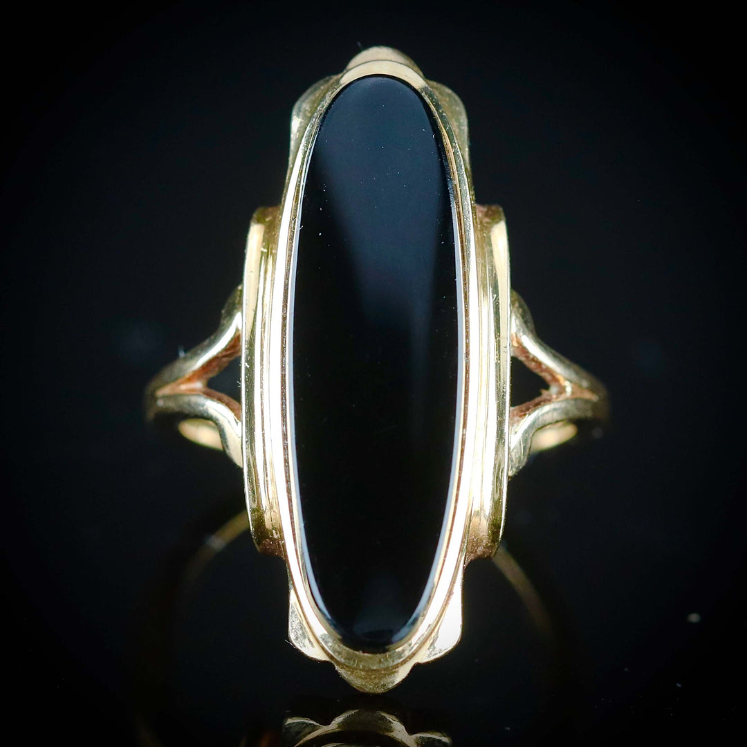 RESERVED: LAYAWAY PAYMENT 1 OF 3: Classic long and lean oval onyx vintage ring in yellow gold