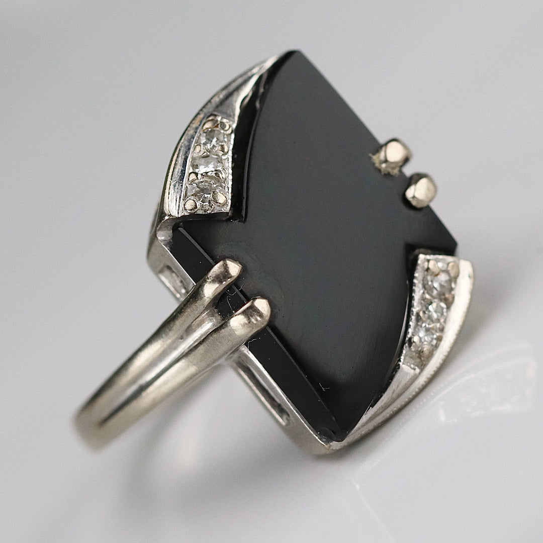 Fancy cut vintage onyx and diamond ring in white gold