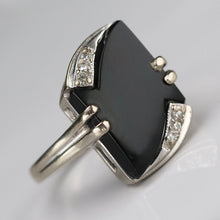 Load image into Gallery viewer, Fancy cut vintage onyx and diamond ring in white gold