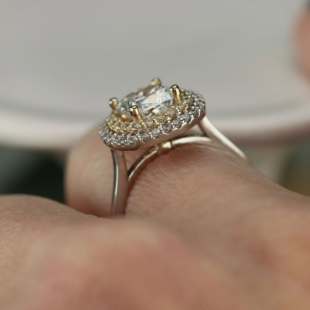 Natural double diamond halo with lab grown cushion diamond ring in 14k SPECIAL