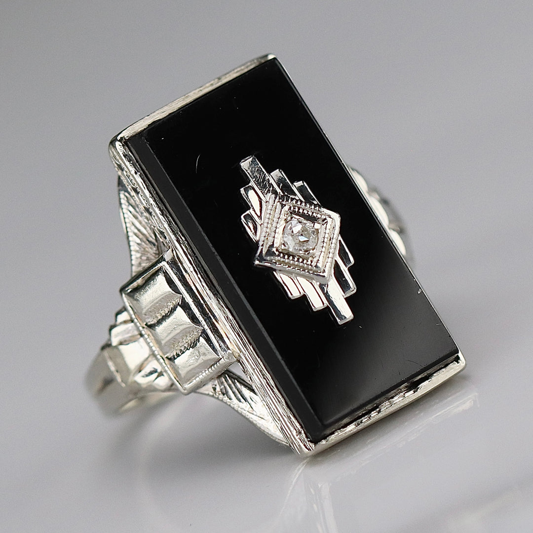 Art Deco oblong onyx and diamond vintage ring in 14k white gold