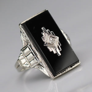 Art Deco oblong onyx and diamond vintage ring in 14k white gold