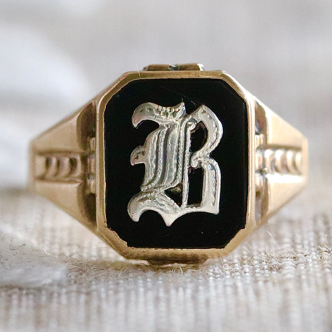 Ostby Barton vintage onyx B ring in yellow gold