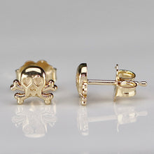 Load image into Gallery viewer, 14k yellow gold skull and crossbones studs