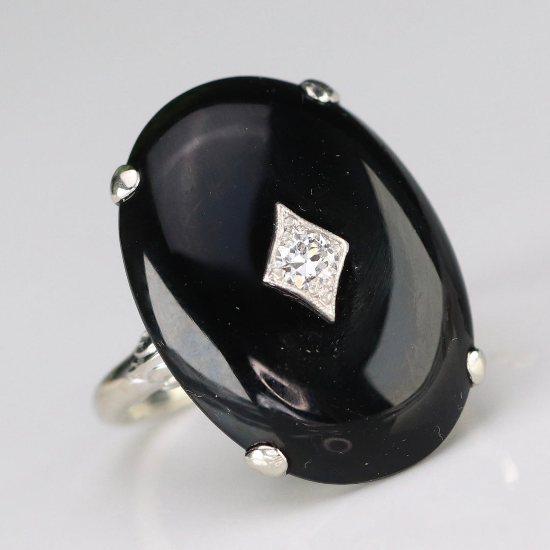 Vintage large Onyx cabochon & diamond ring in 14k white gold