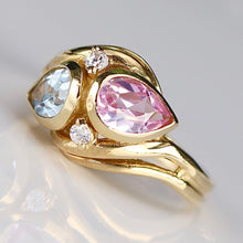 Load image into Gallery viewer, Lab grown pink sapphire and blue spinel in stunning setting of 14k gold