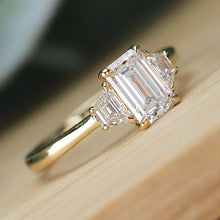 Load image into Gallery viewer, MANOR ROYAL:  The Queen Anne - 3 stone 1.40ctw lab grown emerald cut diamond ring in 14k yellow gold