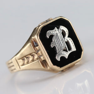 Ostby Barton vintage onyx B ring in yellow gold