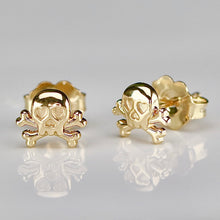 Load image into Gallery viewer, 14k yellow gold skull and crossbones studs