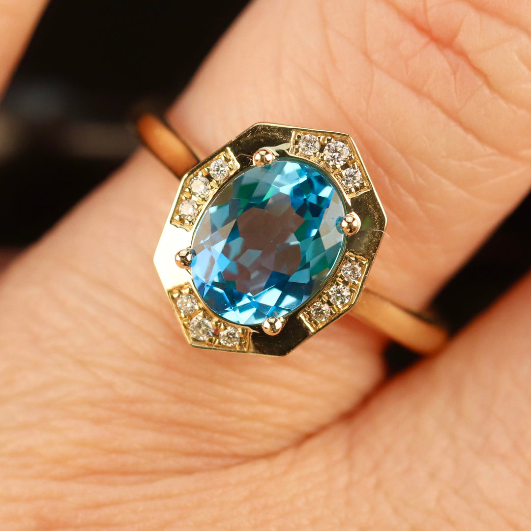 RESERVED FOR DI:  PAYMENT 1 OF 5: SALE!!  Blue topaz and diamond ring in 14k yellow gold