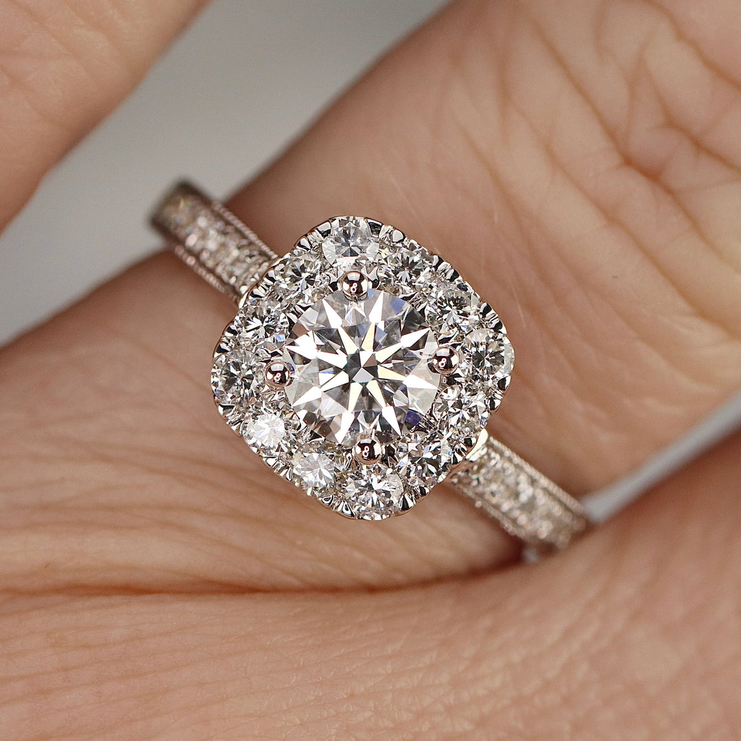 Lab grown diamond halo ring in 14k white gold