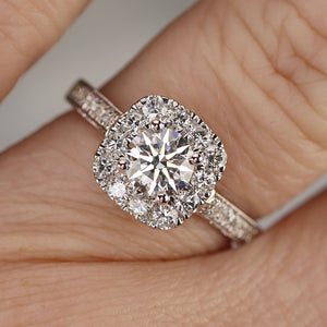 Lab grown diamond halo ring in 14k white gold