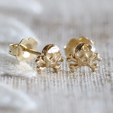 Load image into Gallery viewer, 14k yellow gold skull and crossbones studs