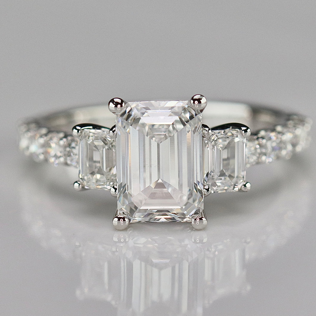 3ctw emerald cut lab grown diamond ring in 14k white gold