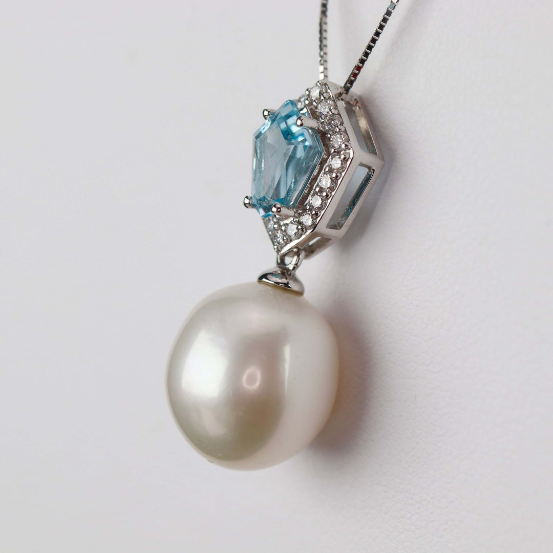 50% OFF CLEARANCE!  14k white gold exceptional blue topaz, diamond and pearl necklace