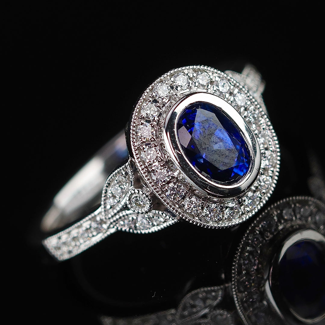 Sapphire and diamond ring in 14k white gold