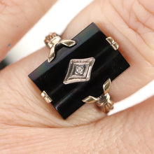 Load image into Gallery viewer, Curved onyx and diamond vintage ring in yellow gold from Manor Jewels