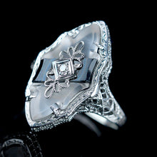 Load image into Gallery viewer, Vintage ring with onyx and rock crystal in 14k white gold filigree from Manor Jewels.