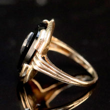 Load image into Gallery viewer, Vintage cushion cut onyx and diamond ring in yellow gold