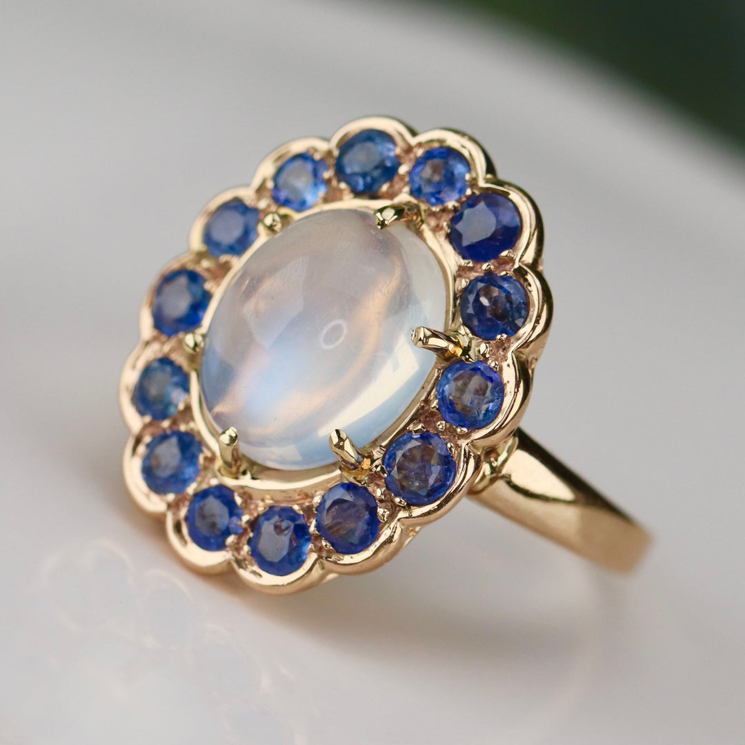 RESERVED: LAYAWAY PAYMENT 4 OF 10: Stunning moonstone and sapphire ring in 14k yellow gold