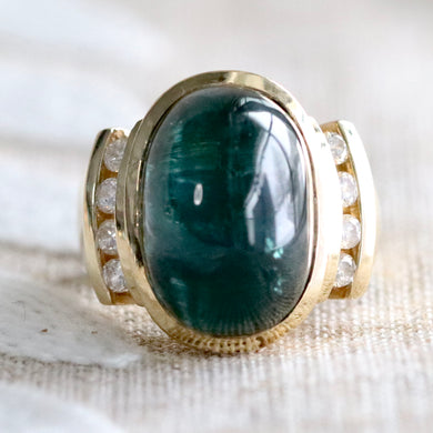 Estate green tourmaline and diamond ring in 14k yellow gold