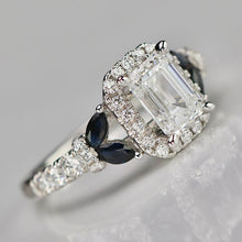 Load image into Gallery viewer, Vera Wang Designer Lab Grown emerald cut diamond ring in 14k white gold