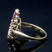 Load image into Gallery viewer, Vintage ring with synthetic rubies in a horseshoe shape in yellow gold