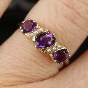 Vintage amethyst and seed pearl ring in 14k yellow gold