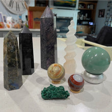 Load image into Gallery viewer, Set of 8 minerals: including selenite, labradorite, agate, and velvet malachite