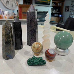 Set of 8 minerals: including selenite, labradorite, agate, and velvet malachite