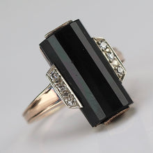 Load image into Gallery viewer, Barrel cut elegant onyx and diamond vintage ring in yellow gold from Manor Jewels