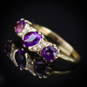 Vintage amethyst and seed pearl ring in 14k yellow gold