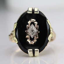 Load image into Gallery viewer, Oval vintage black onyx and diamond ring in yellow gold ring By Manor Jewels