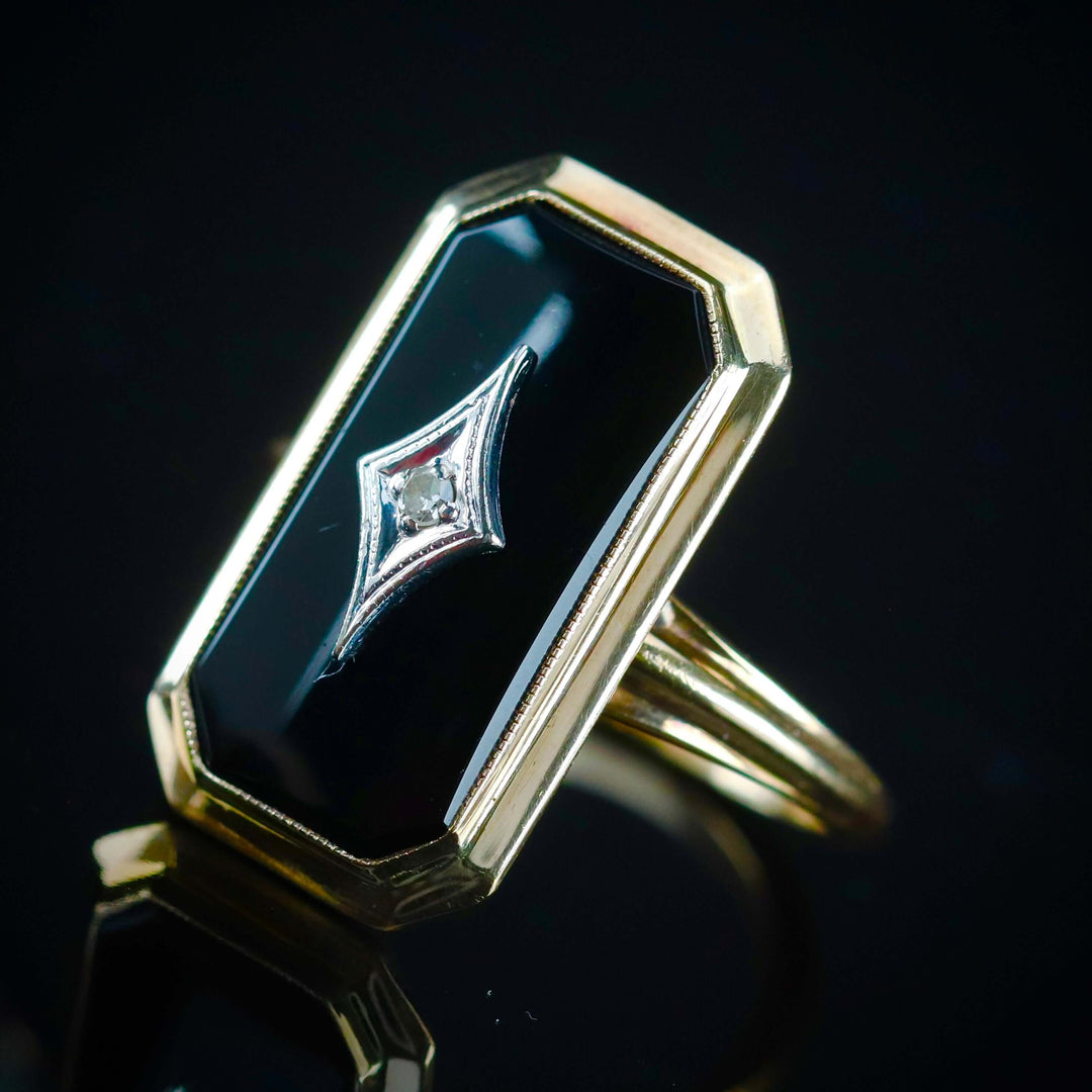 MEGA SALE!  Vintage onyx and diamond ring in yellow gold
