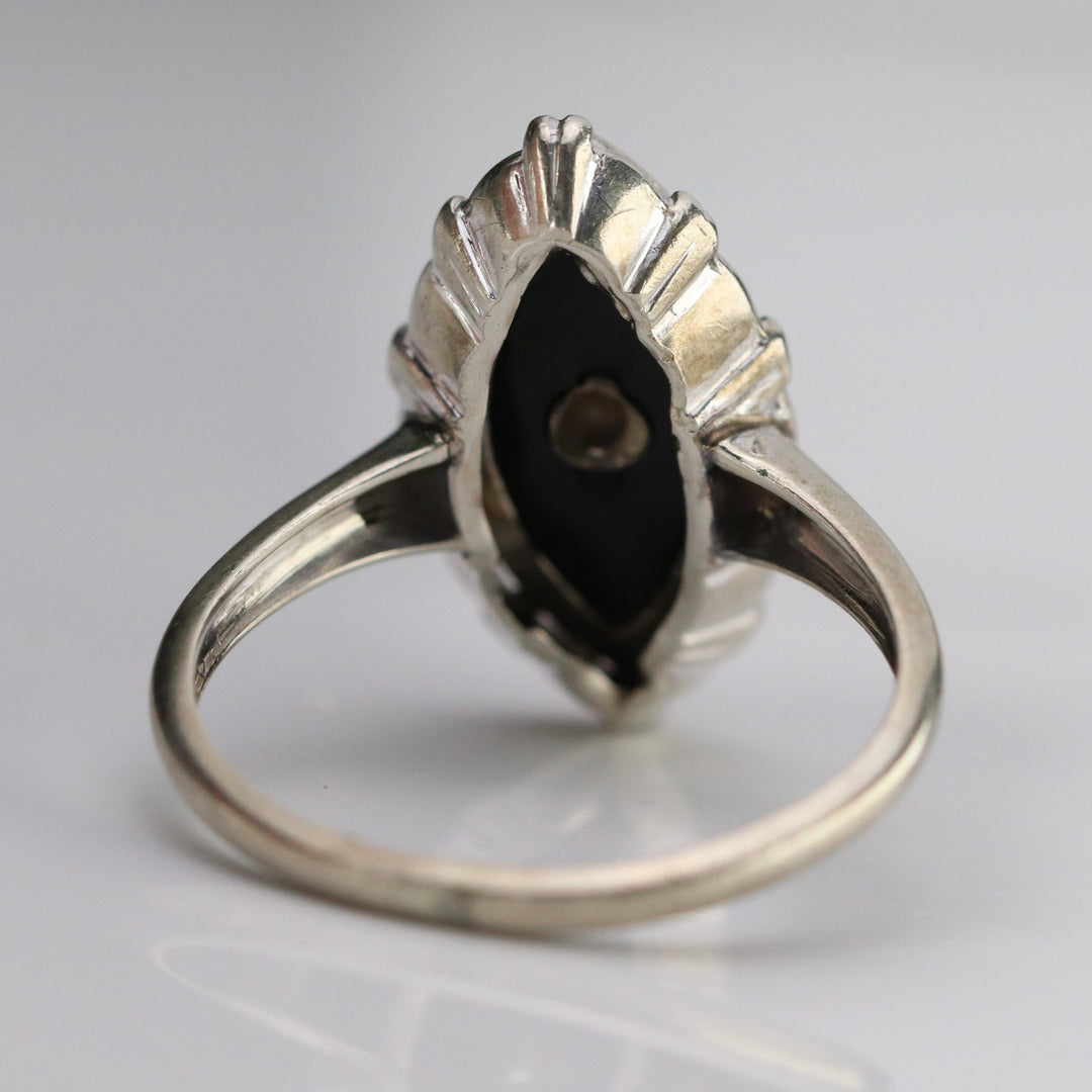 Vintage navette onyx and diamond ring in white gold