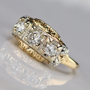 Transitional cut vintage 3 stone diamond band in 14k